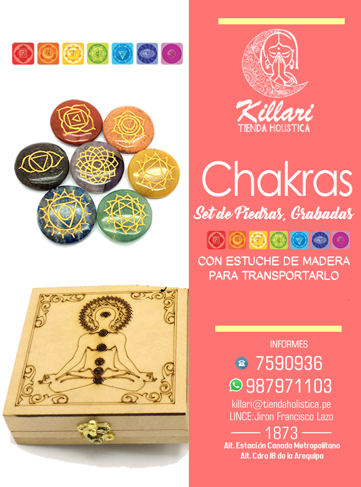 Set de Piedras de los 7 Chakras Grabadas con Estuche de Madera